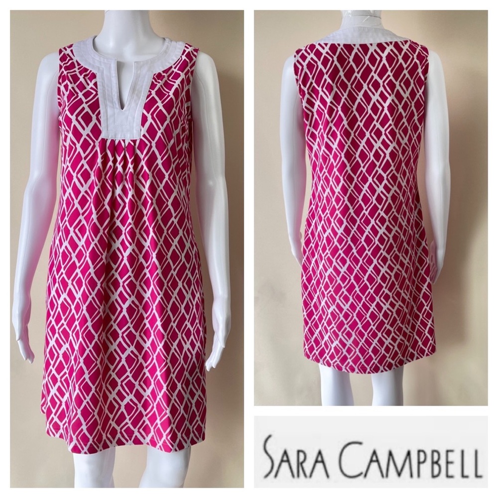 Vintage Sara Campbell Geometric Geo Print Sleeveless Spring Pink Dress S